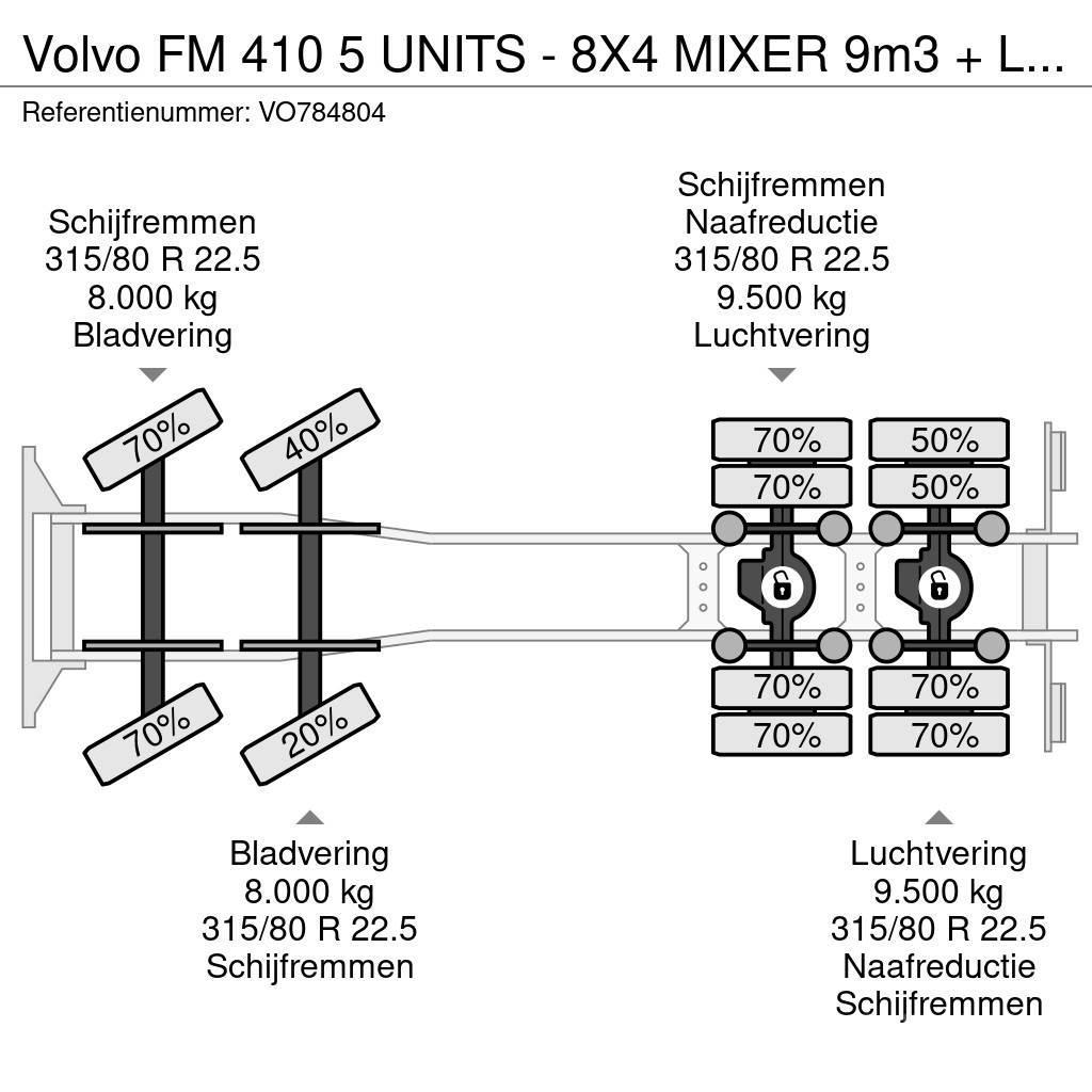 Volvo FM 410 5 UNITS - 8X4 MIXER 9m3 + LIEBHERR CONVEYOR Beton-Mischfahrzeuge